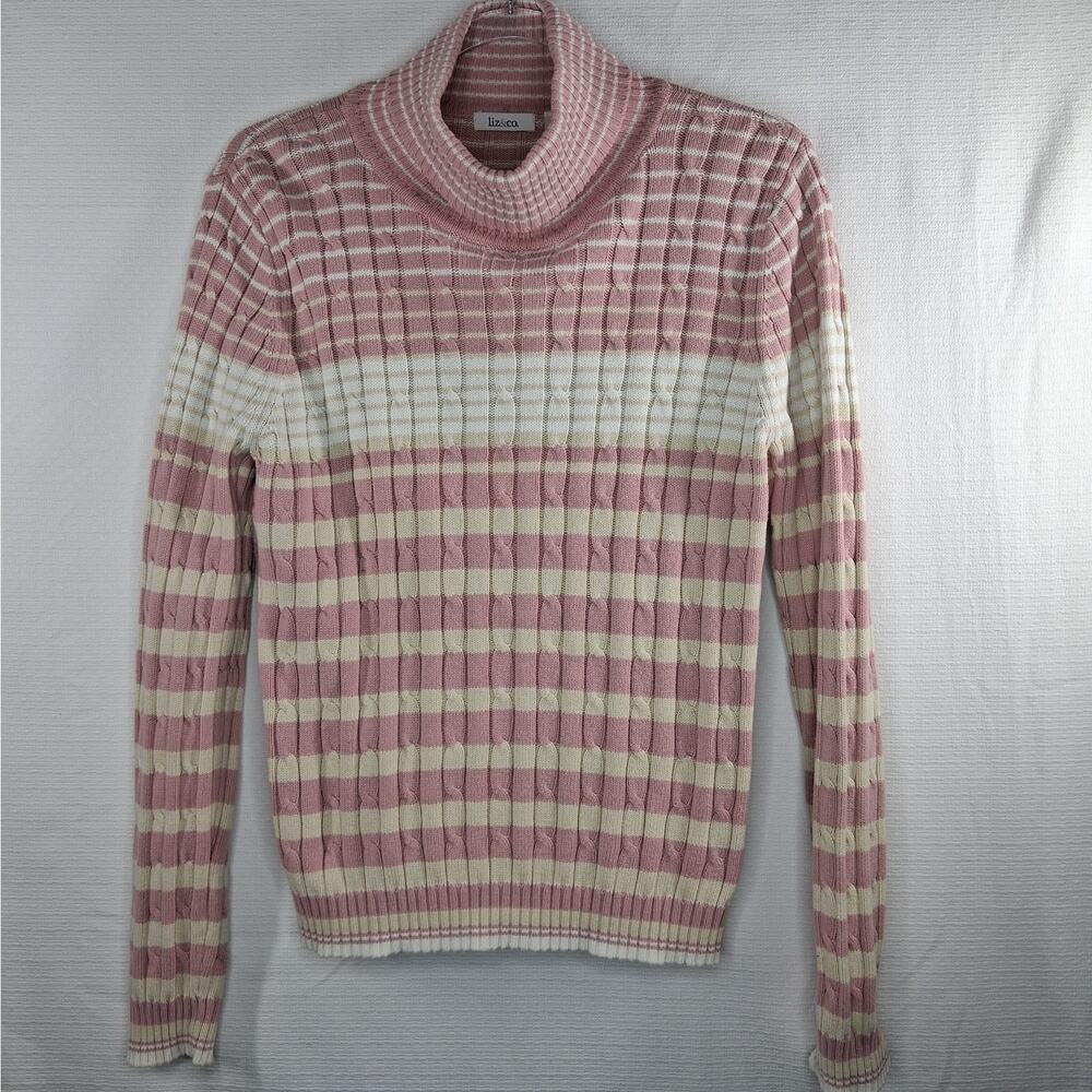 Liz & Co. Sweater Women's Large Pink Ribbed Cable Knit‎ Turtleneck Retro Vintage